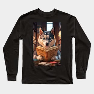 Siberian husky reading book  in library Long Sleeve T-Shirt